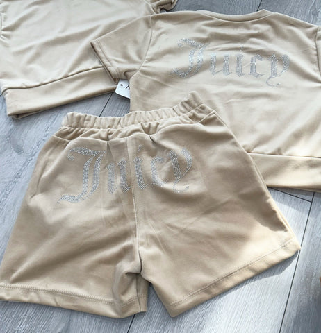 Teenage/Ladies Beige Juicy Studded Shorts Set