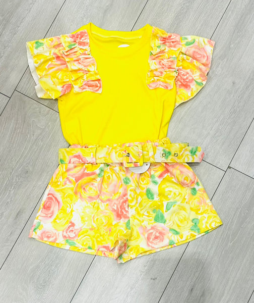 ELSIE Yellow Floral Belted Shorts Set