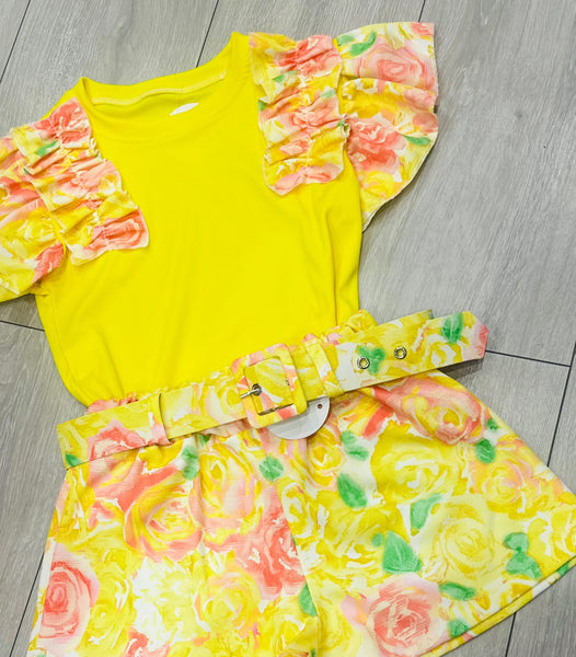 ELSIE Yellow Floral Belted Shorts Set