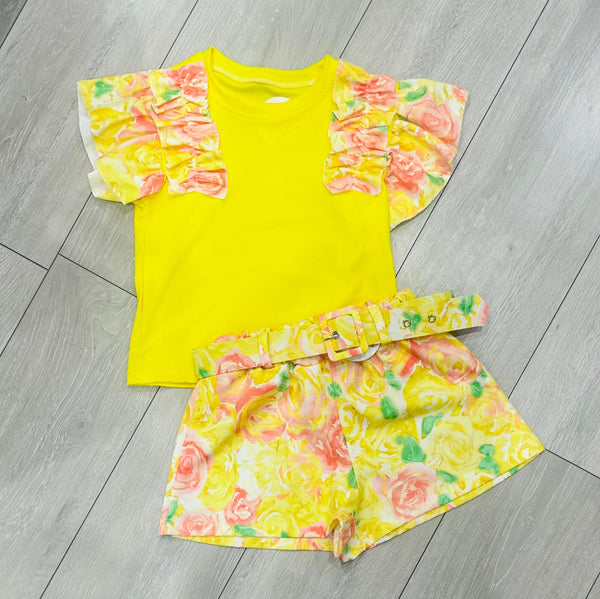 ELSIE Yellow Floral Belted Shorts Set