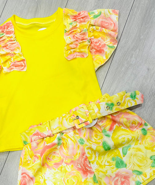 ELSIE Yellow Floral Belted Shorts Set