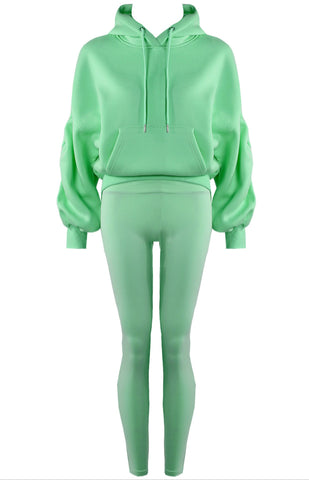 Teenage/Ladies Bright Green Lottie Ruched Sleeve Hoodie & Leggings Set