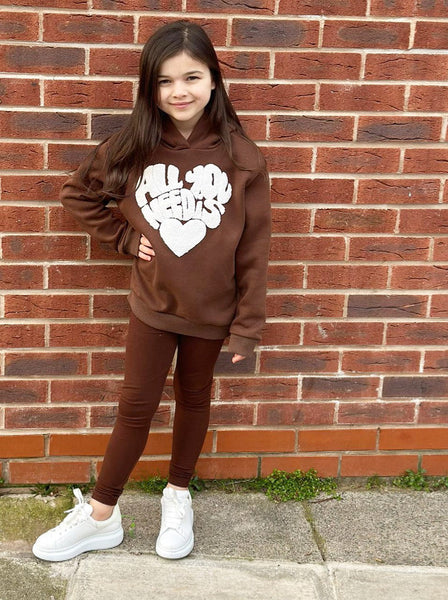 Girls Brown All You Need Is Love Hoodie & Leggings Set