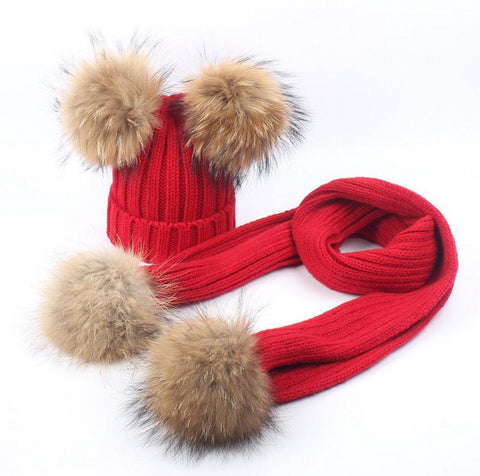 Red Ellis Double Fur Pom Hat & Scarf Set
