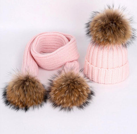 Pink Ellis Fur Pom Hat & Scarf Set