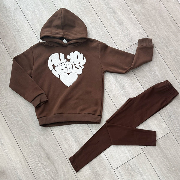 Girls Brown All You Need Is Love Hoodie & Leggings Set