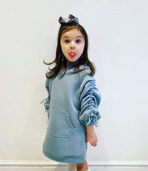 Blue Madison Ruched Sleeve Hoodie Dress