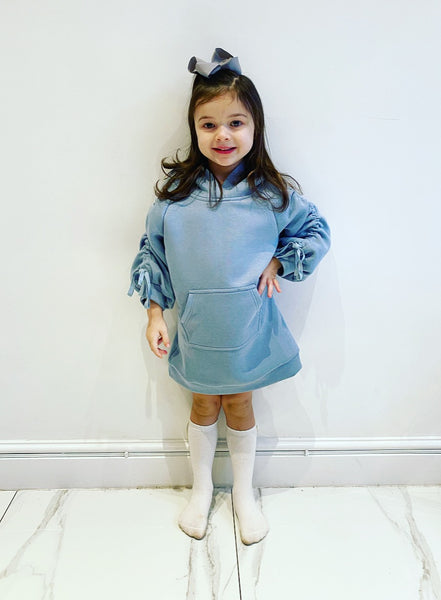 Blue Madison Ruched Sleeve Hoodie Dress