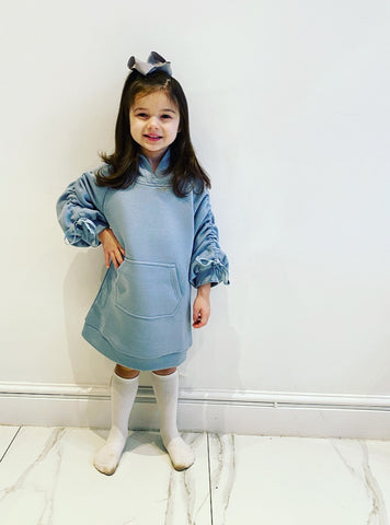 Blue Madison Ruched Sleeve Hoodie Dress