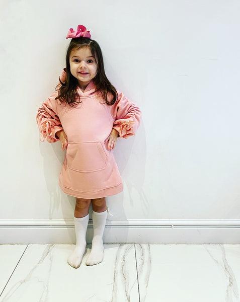 Pink Madison Ruched Sleeve Hoodie Dress
