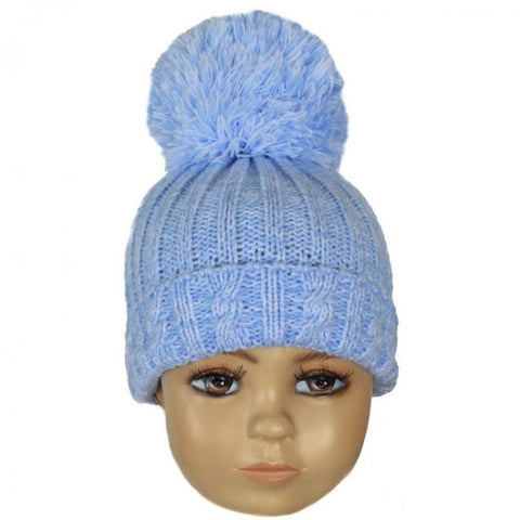 Blue Large Pom Cable Knitted Hat