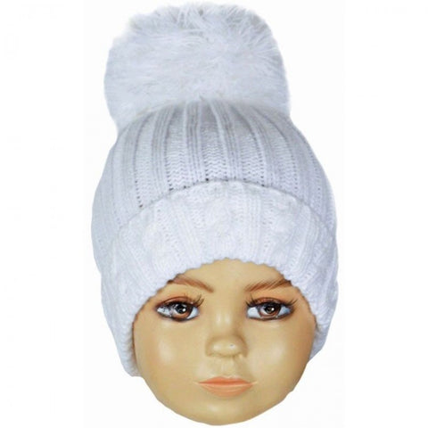 White Large Pom Cable Knitted Hat