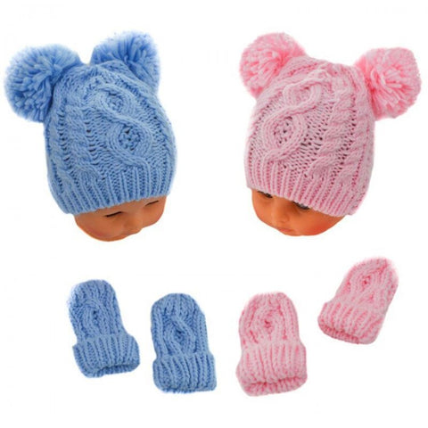 Double Pom Pom Knitted Hat & Mittens Set