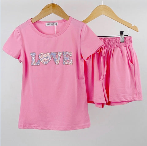 Cerise Pink Love Beaded Shorts Set