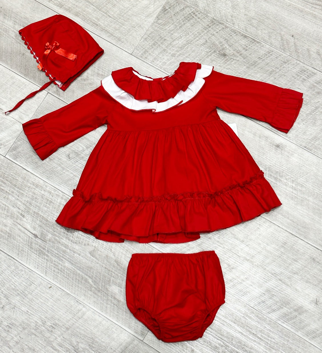 Eva Class Baby Girls Red Alondra Dress, Bonnet & Knickers 22004