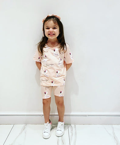 Pink Flamingo Shorts Set with Headband