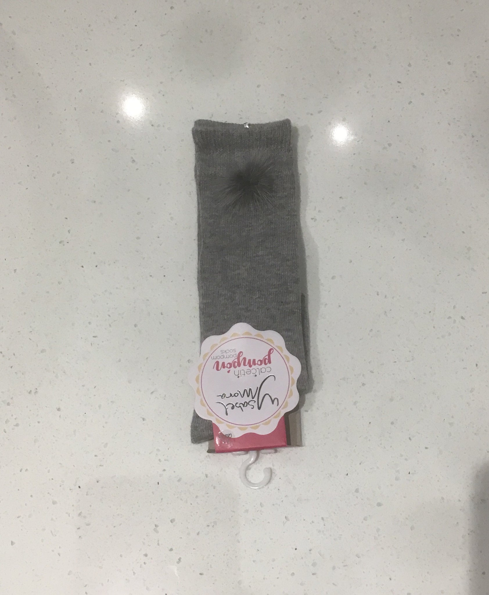 Grey Fur Pom Knee High Socks