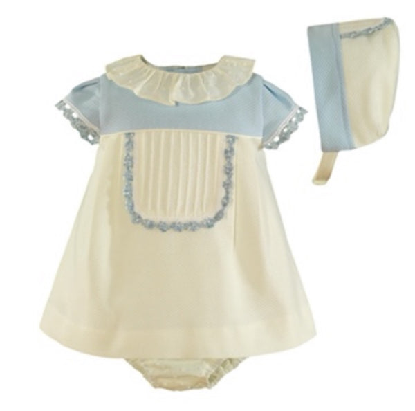 Miranda Baby Girls Beige & Blue Dress, Bonnet & Knickers 0026