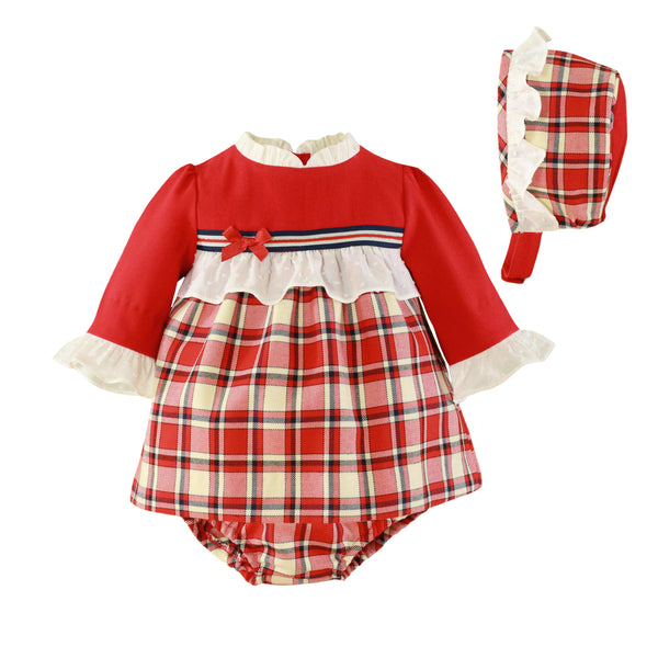 Miranda Baby Girls Red Tartan Dress, Bonnet & Knickers 0044