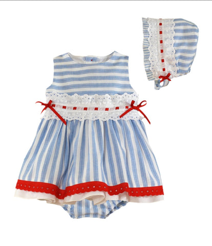 Miranda Baby Girls Striped Dress, Bonnet & Knickers 0189