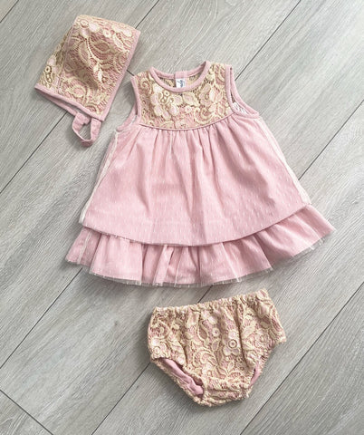 Miranda Baby Girls Pink Lace Dress, Pants & Bonnet