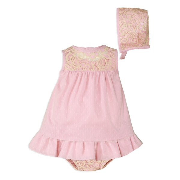 Miranda Baby Girls Pink Lace Dress, Pants & Bonnet