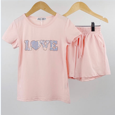 Pink Love Beaded Shorts Set