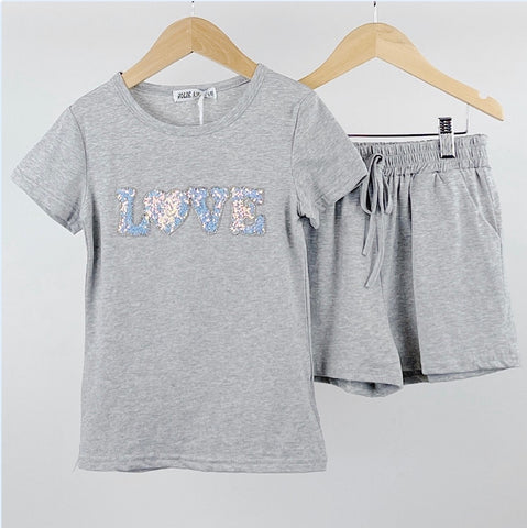 Grey Love Beaded Shorts Set