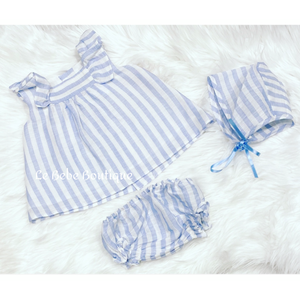Blue & White Striped Jayla Dress, Pants & Bonnet Set