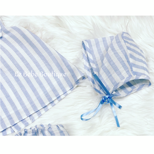 Blue & White Striped Jayla Dress, Pants & Bonnet Set